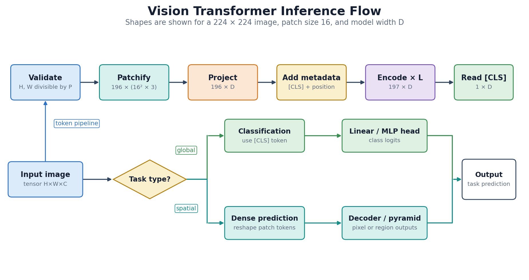 Vision Transformer inference flowchart showing the ordered transformation from pixels to class logits.