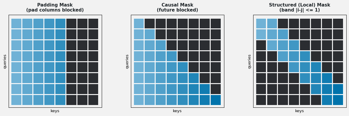 Three attention score grids side by side showing a padding mask with right columns blocked, a causal mask with the upper triangle blocked, and a structured local mask with only a diagonal band allowed.
