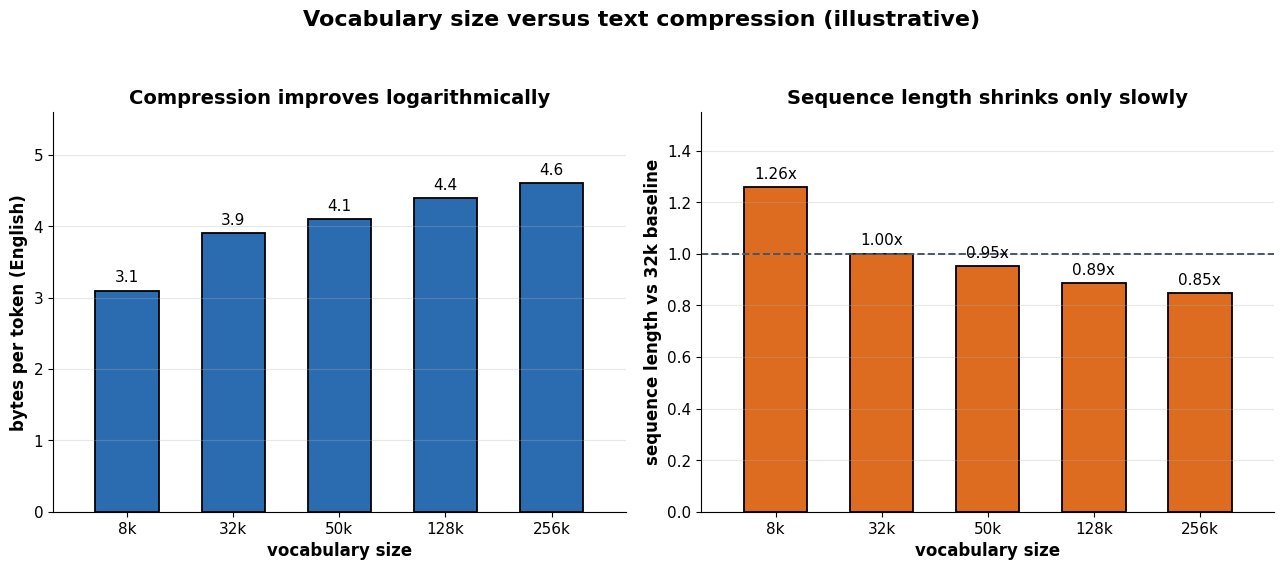 Two bar panels: left panel shows bytes per token rising from 3.1 at 8k vocabulary to 3.9 at 32k, 4.1 at 50k, 4.4 at 128k and 4.6 at 256k; right panel shows relative sequence length for a fixed document falling from 1.26 at 8k to 1.00 at 32k, 0.95 at 50k, 0.89 at 128k and 0.85 at 256k
