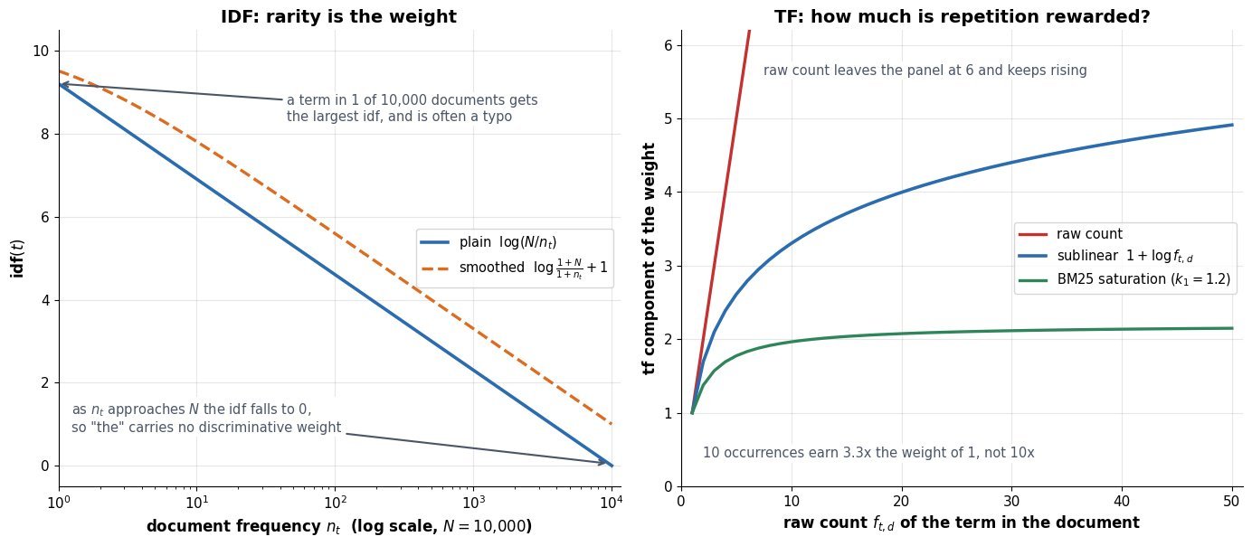 Two panels: on the left, inverse document frequency plotted against document frequency on a log x-axis for a corpus of ten thousand documents, comparing the plain log of N over n_t against the smoothed scikit-learn variant, with annotations at the rare-term and stopword ends; on the right, three term-frequency transforms plotted against raw term count, showing the raw linear count leaving the panel, the sublinear one-plus-log curve, and BM25 saturation flattening near two point two